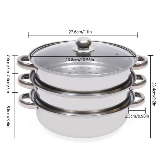 11 Inch 3 Tier Large Stainless Steel Steamer Pot Set with Glass Lid