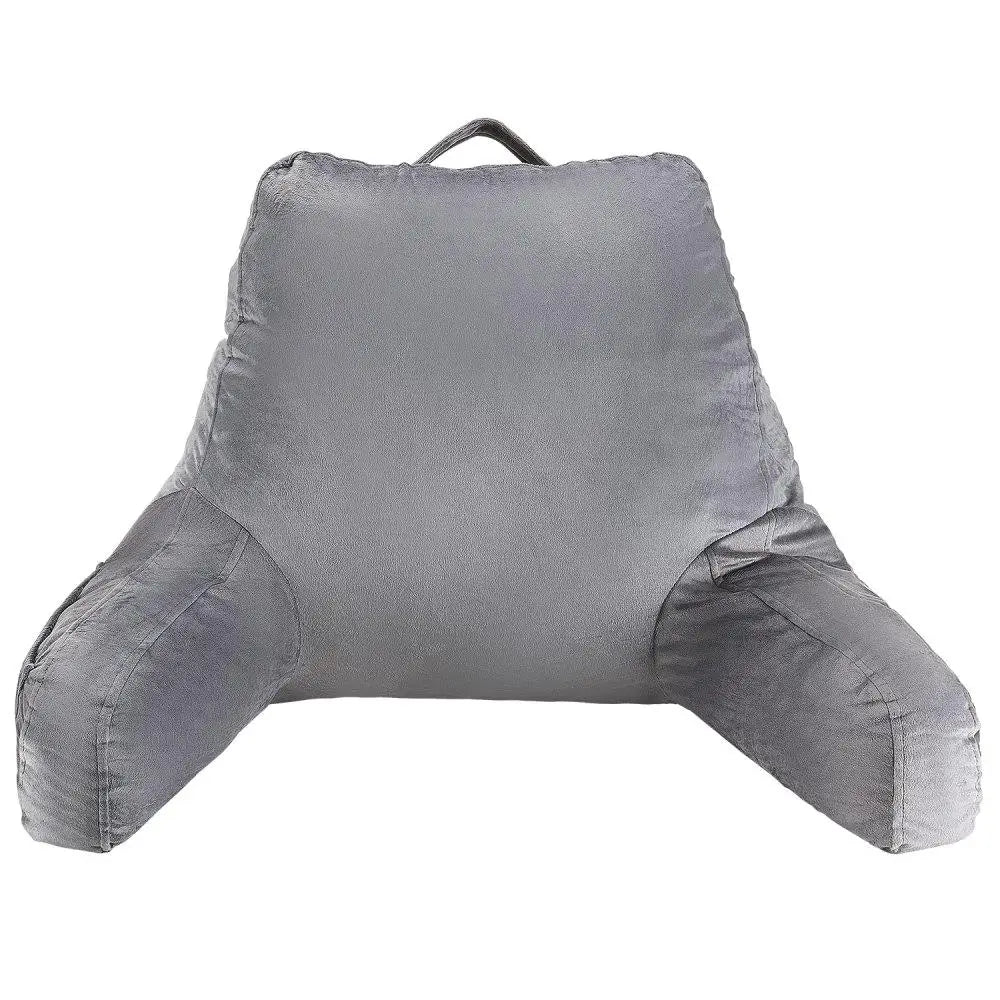 Standard Size Shredded Memory Foam Reading Pillow with Pockets Washable Velvet Cover and Handle for Gaming TV and Reading in Grey
