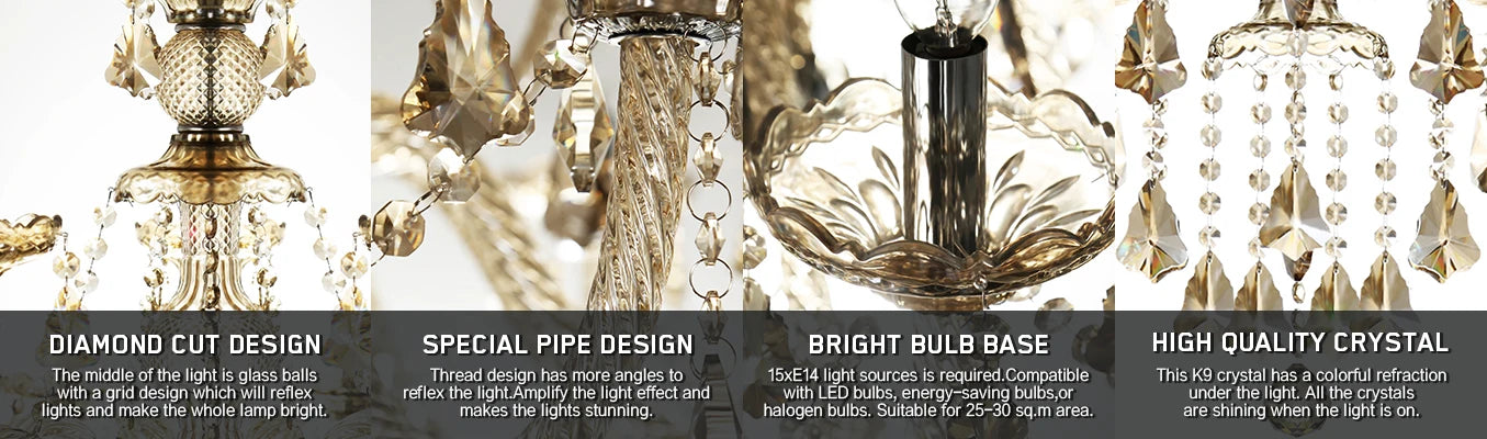 15 Arms Crystal Chandelier Pendant Lighting E14 Modern K9 Glass Fixture for Bedroom Living Room Corridor Hall