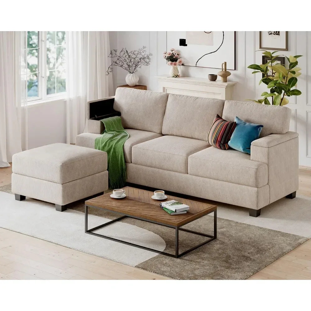 85 Inch L Shaped Couch With Movable Ottoman Chenille Sectional Sofa