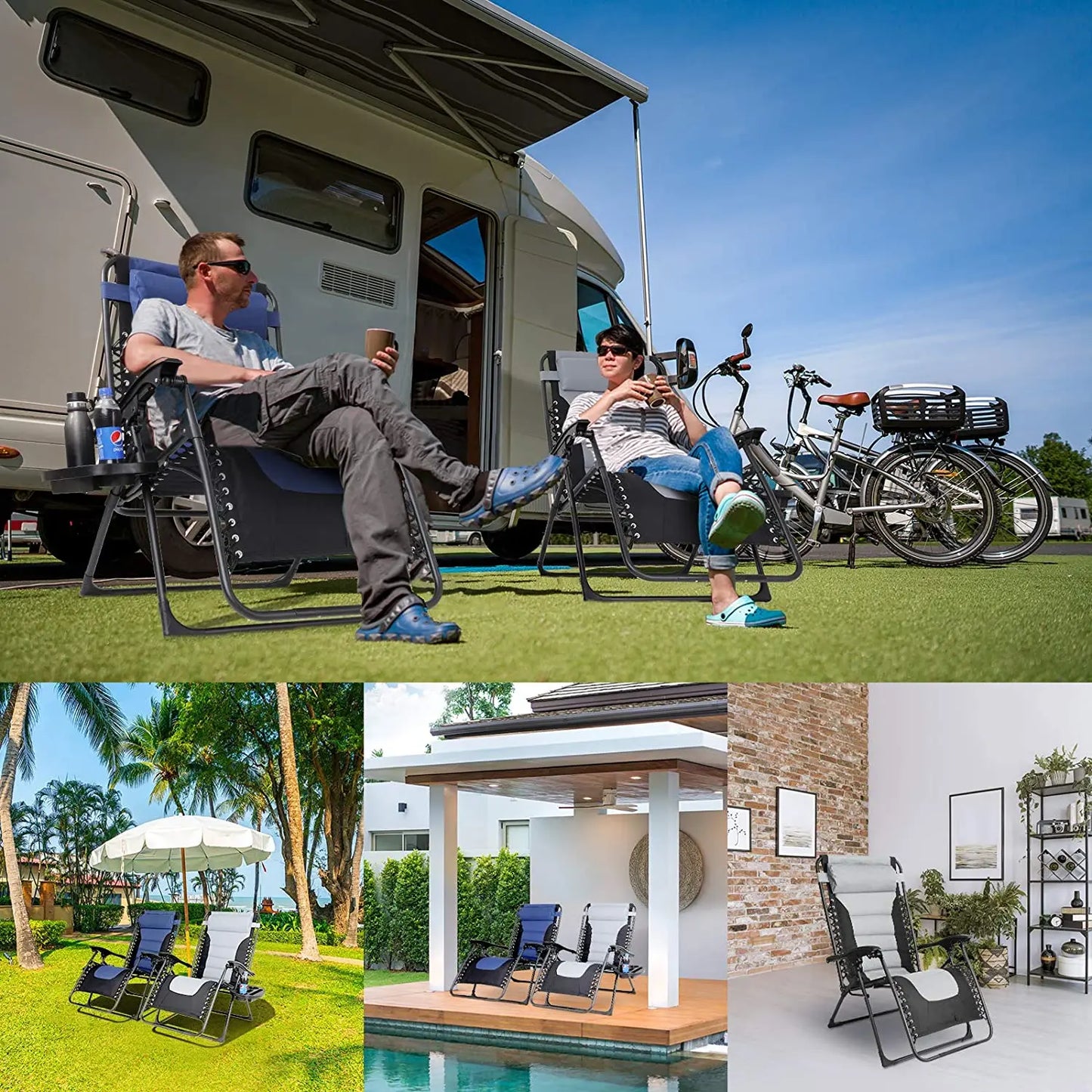 Padded Zero Gravity Lounge Chair Folding Patio Recliner with Adjustable Headrest and Cup Holder Support 160kg Sun Loungers