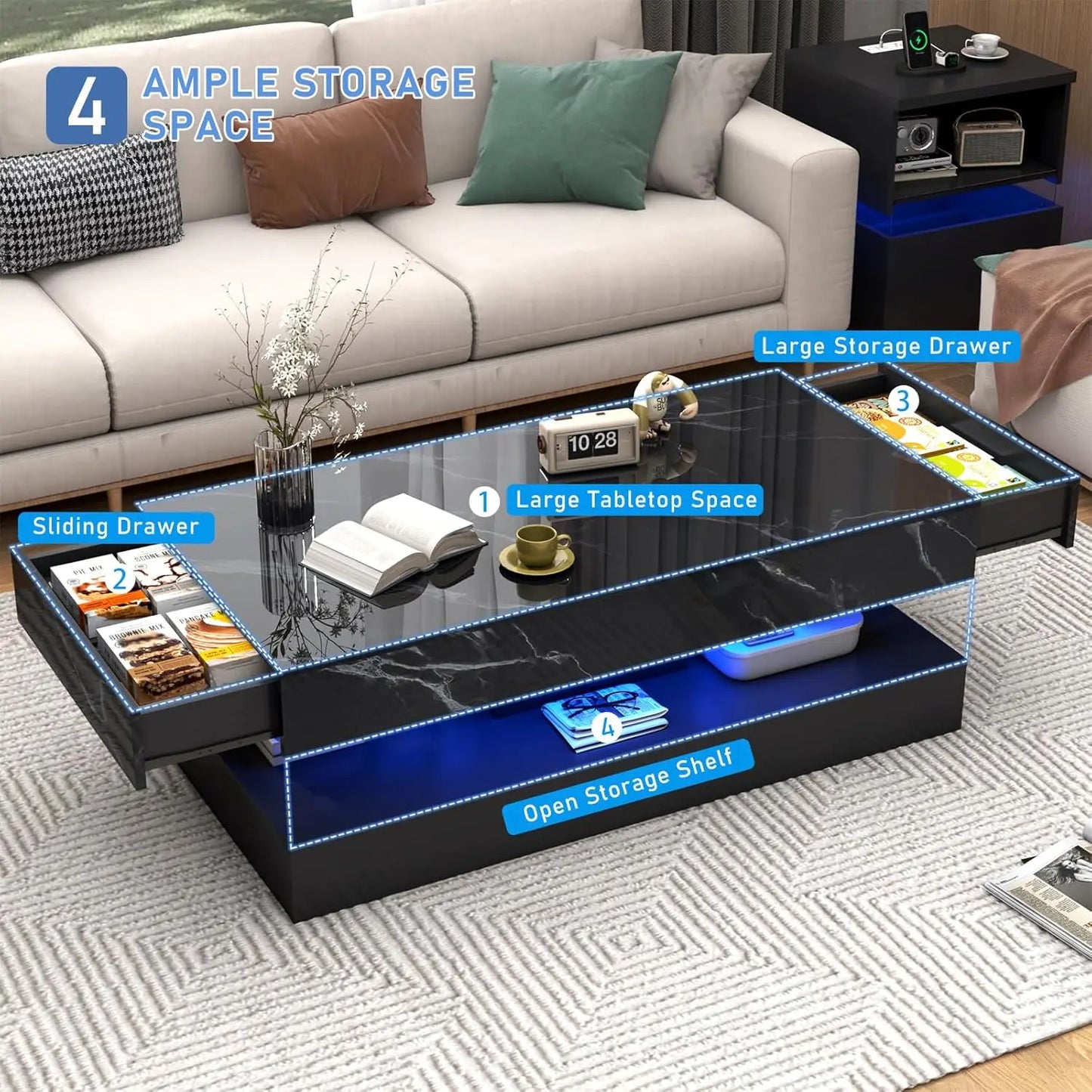 Modern Coffee Table With LED Lights And Storage Drawers