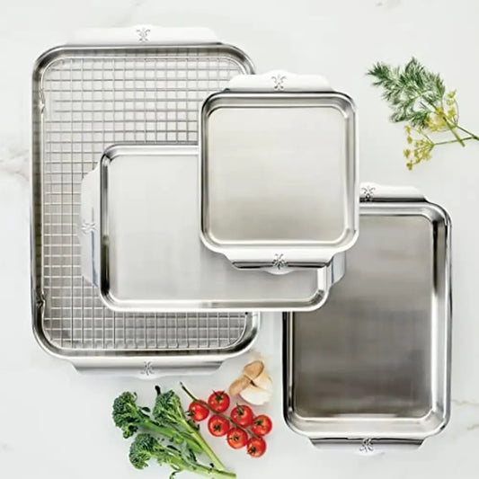 Stainless Steel Baking Sheet Set 5 Piece Ovenware Collection Triple Bonded Aluminum Core Brushed Surface Warp Resistant 18 Inch x 13 Inch
