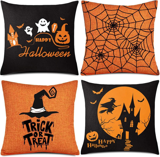 Four Pack Halloween Pillow Covers Orange Black Linen