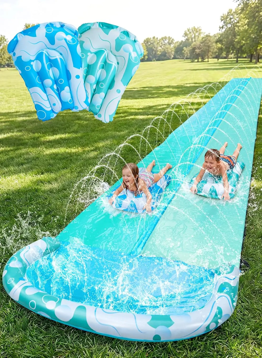 32.5Ft Heavy Duty Double Lawn Waterslide With Sprinkler Backyard Outdoor Blue