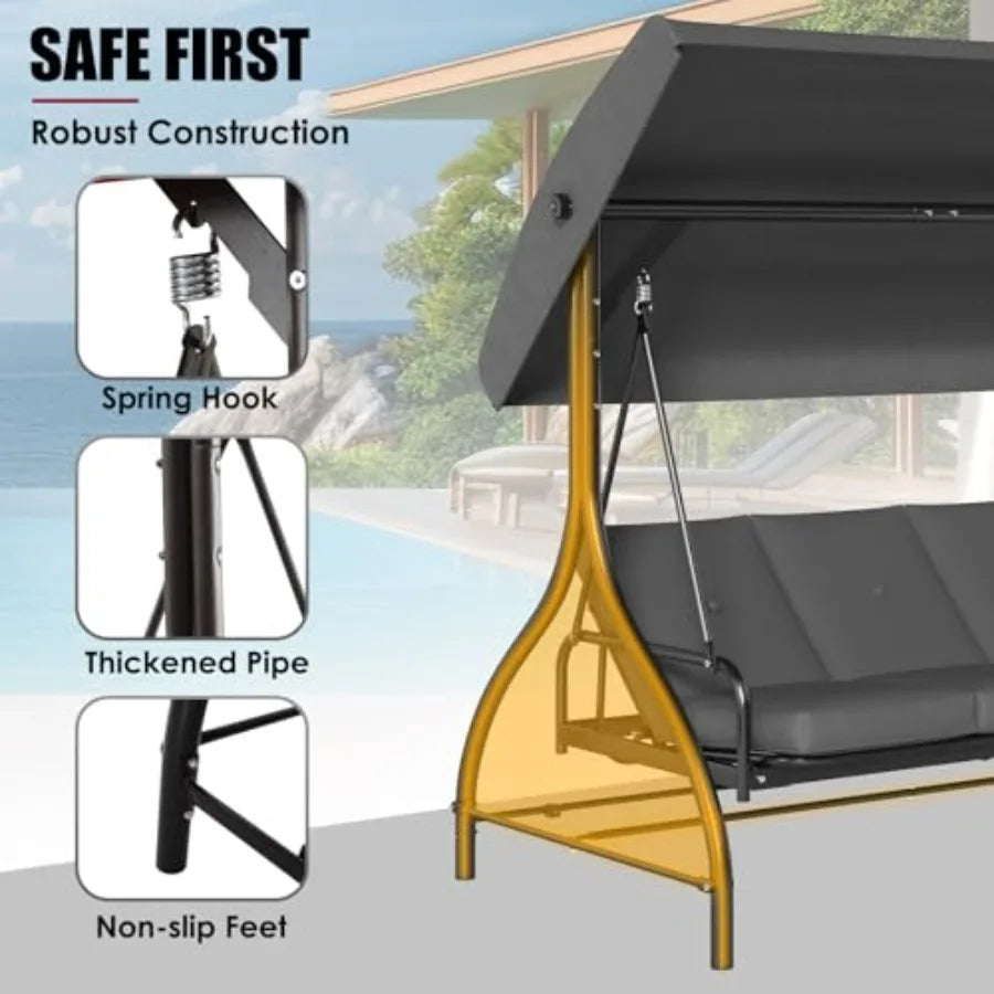 Three Seat Outdoor Patio Swing With Adjustable Canopy 2mm Steel Frame Brown