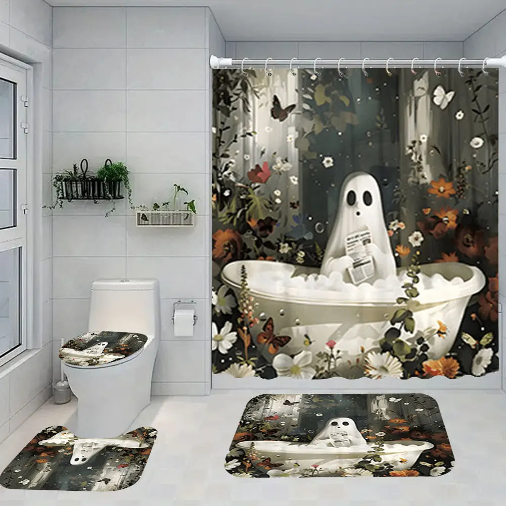 Cute Cartoon Ghost Shower Curtain Set Halloween Bath Decor