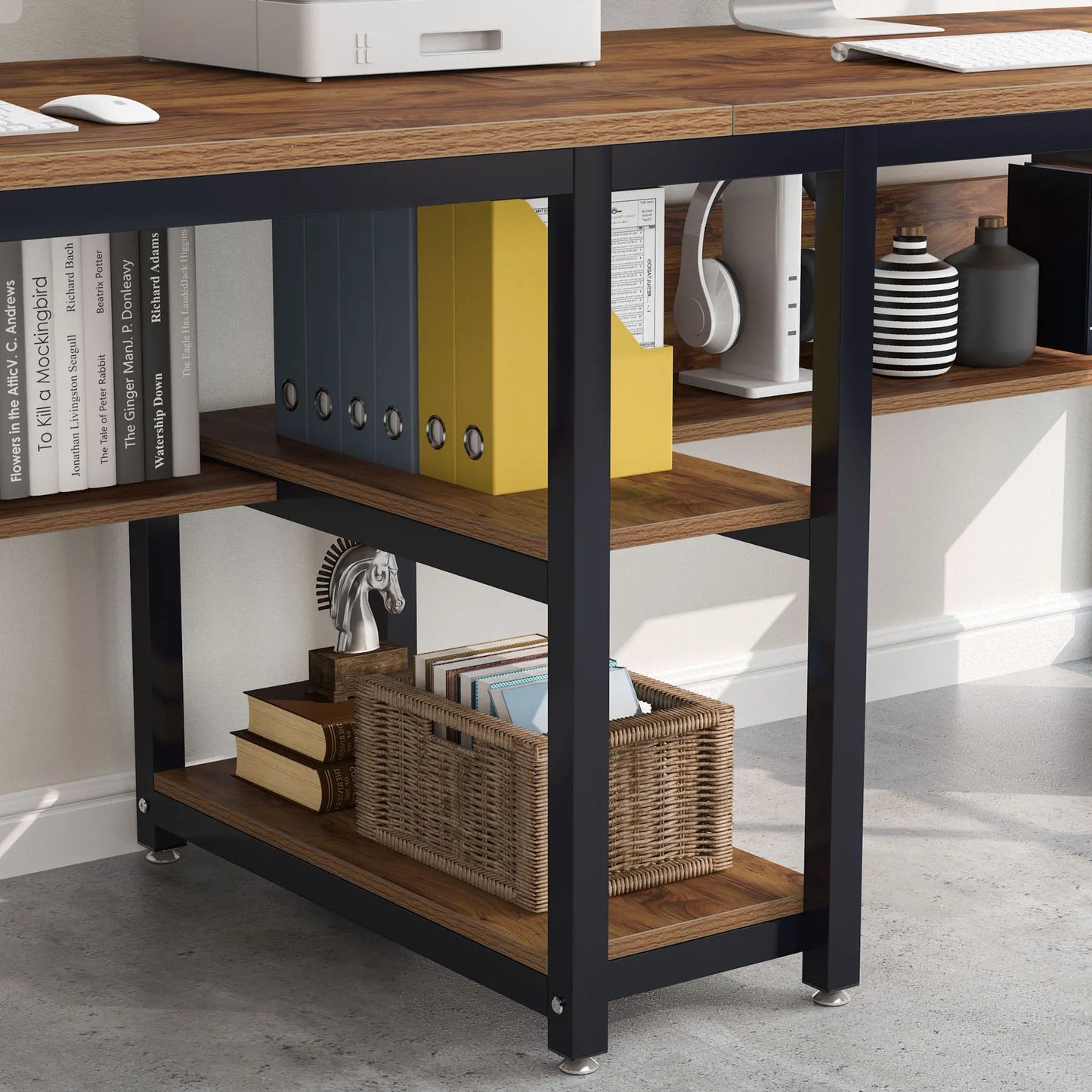 Tribesigns Two Person Desk With Bookshelf Rustic Office