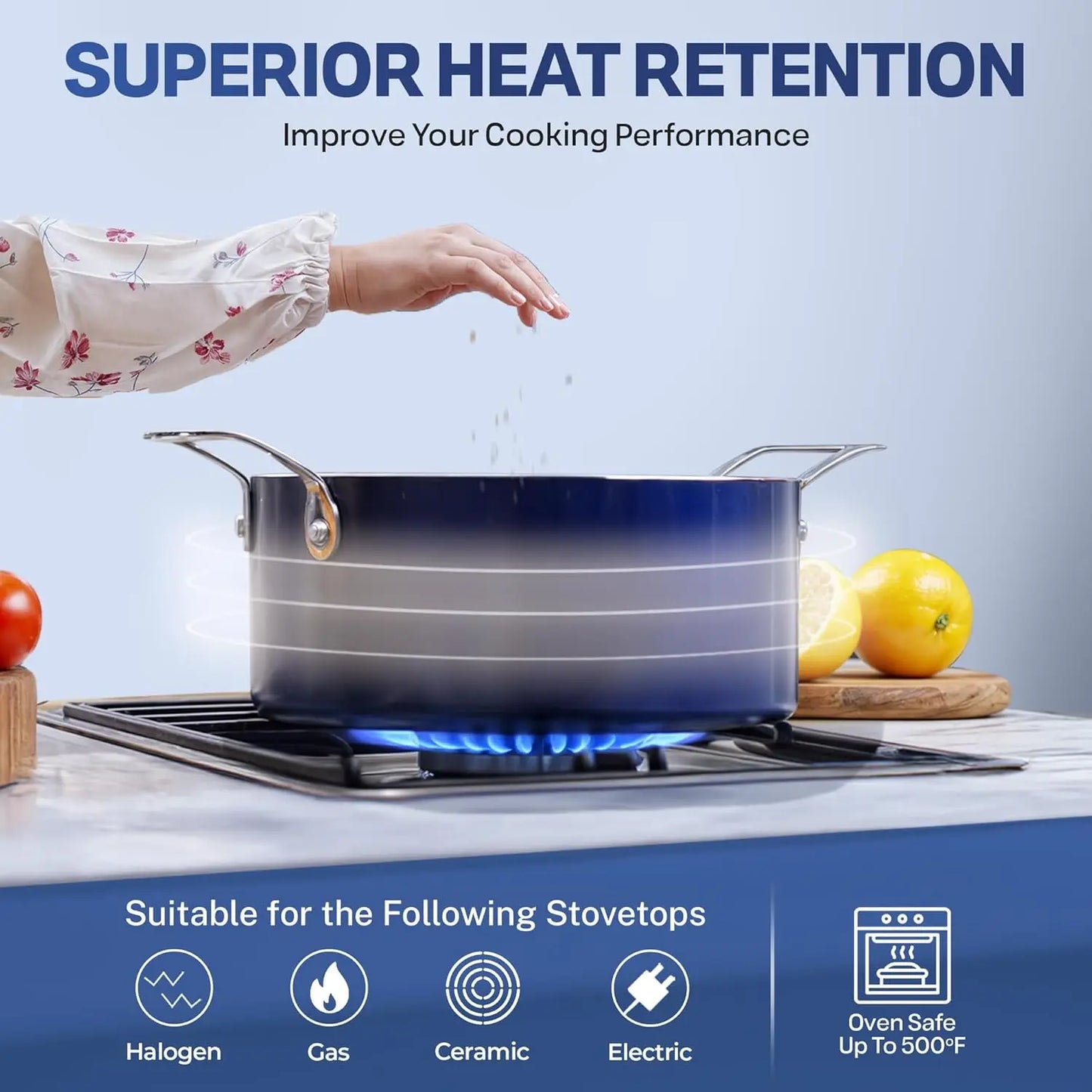 True 20 Piece Pots and Pans Set Non Stick Cookware with Deep Square Pan and Bakeware Non Toxic PFOA PFOS Free Oven Safe Blue Diamond