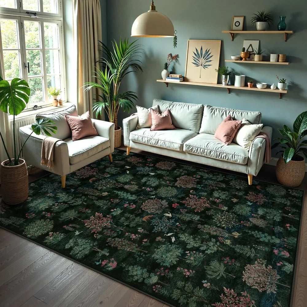 Forest Print Washable 8x10 Area Rugs Dark Green Rugs for Living Room Non Slip Ultra Thin Soft Boho Floral Bedroom Carpet