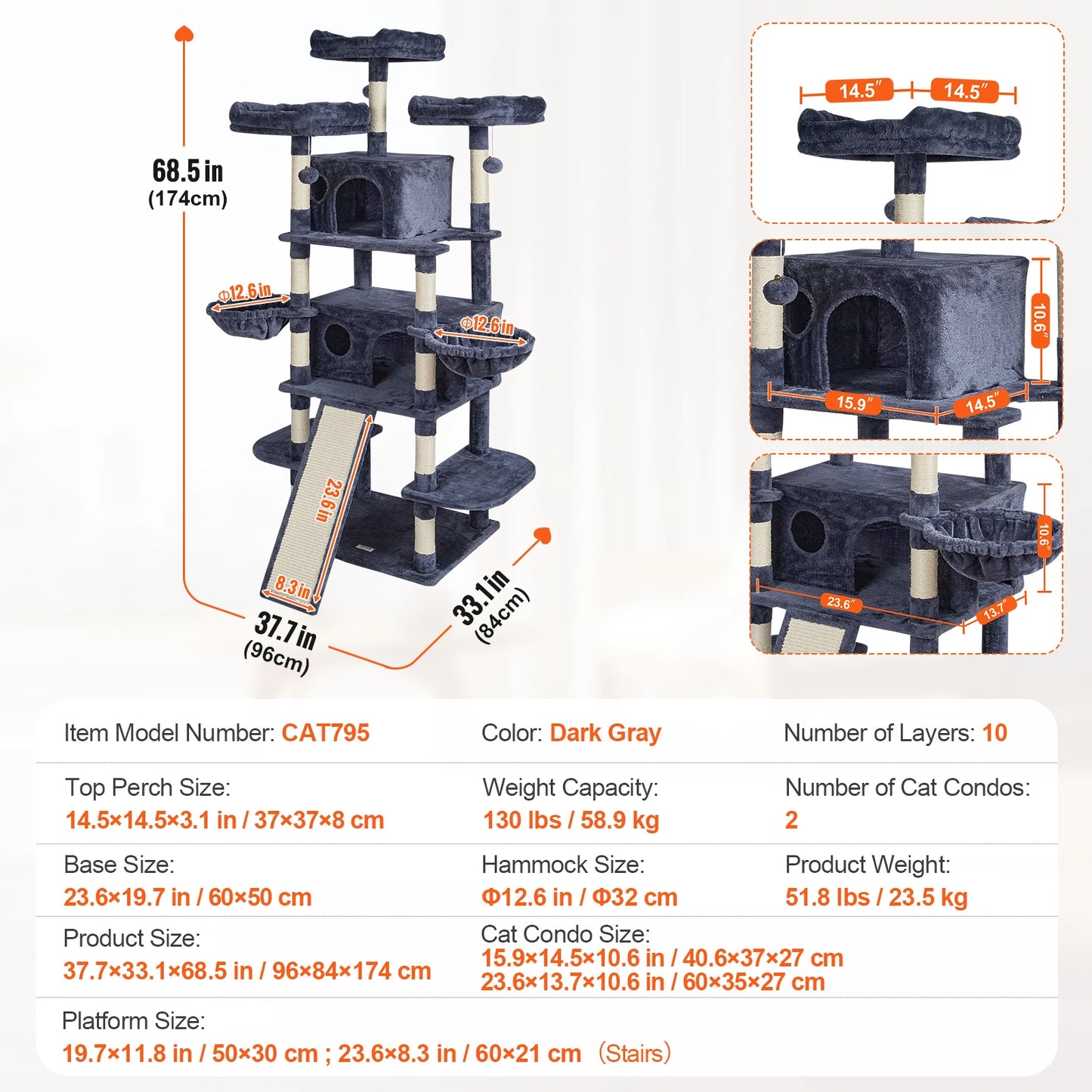 SucceBuy Dark Grey Cat Tree With Condo And Sisal Post