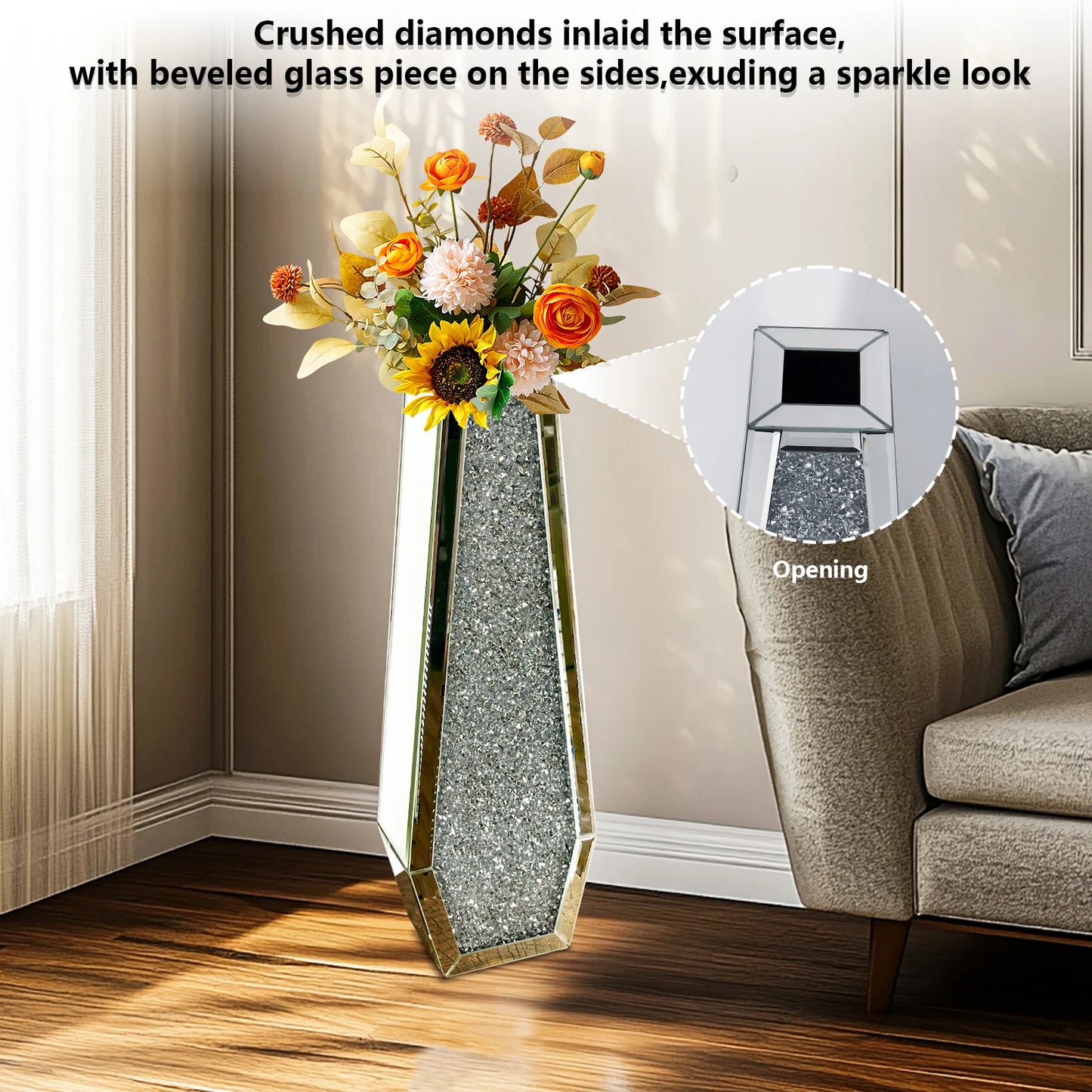 2 Shapes 68CM Crushed Diamond Decorative Mirrored Floor Vase Crystal Silver Glass Flower Vase for Pampas Grass and Artificial Flowers