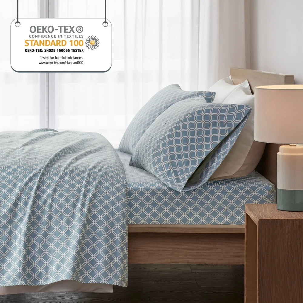 Queen Size Cotton Flannel Sheet Set 4 Piece Blue Geometric