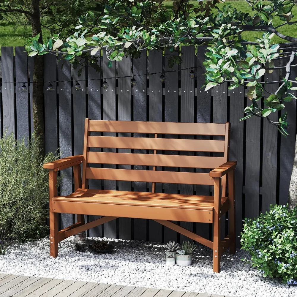Ivy Lane Outdoor Bench HDPE Plastic 2-Person Weatherproof Teak Garden Bench For Patio Park Porch Backyard