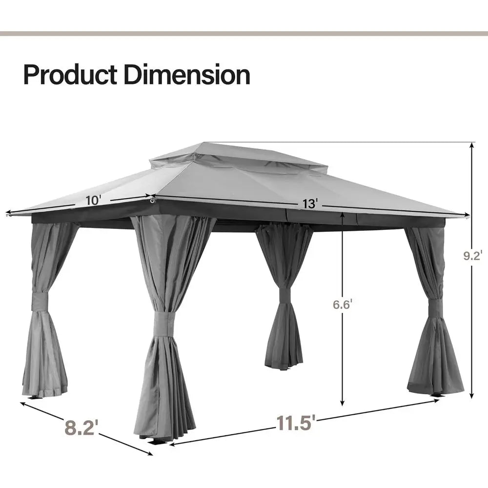 Durable 10x13 Outdoor Gazebo Double Roof Mosquito Netting Privacy Screen Gray