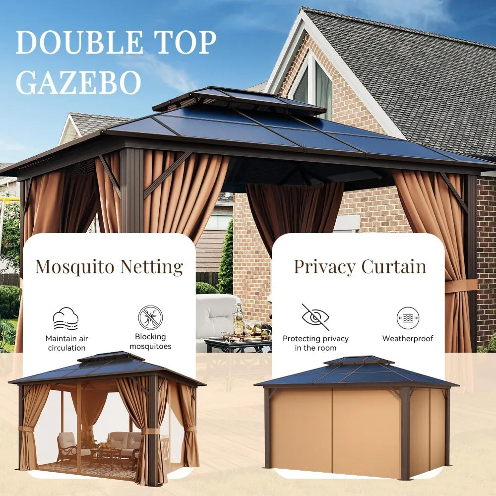 10x12ft Hardtop Gazebo With Aluminum Frame Netting And Curtains Outdoor Pavilion