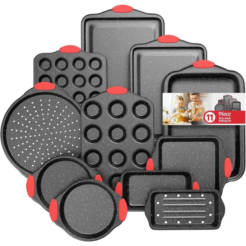 11 Piece Nonstick Baking Pans Set Stackable Bakeware Set Toxin Free Baking Set with Silicone Handles Includes Cookie Sheets Cake Pan Loaf Pan Pizza Pan Muffin Pan