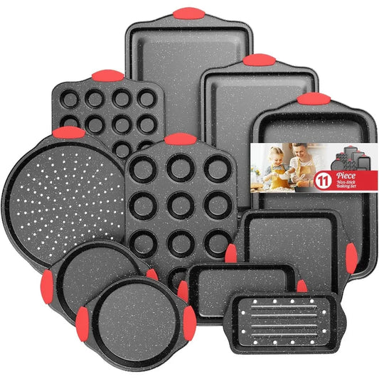 11 Piece Nonstick Baking Pans Set Stackable Bakeware Set Toxin Free Baking Set with Silicone Handles Includes Cookie Sheets Cake Pan Loaf Pan Pizza Pan Muffin Pan