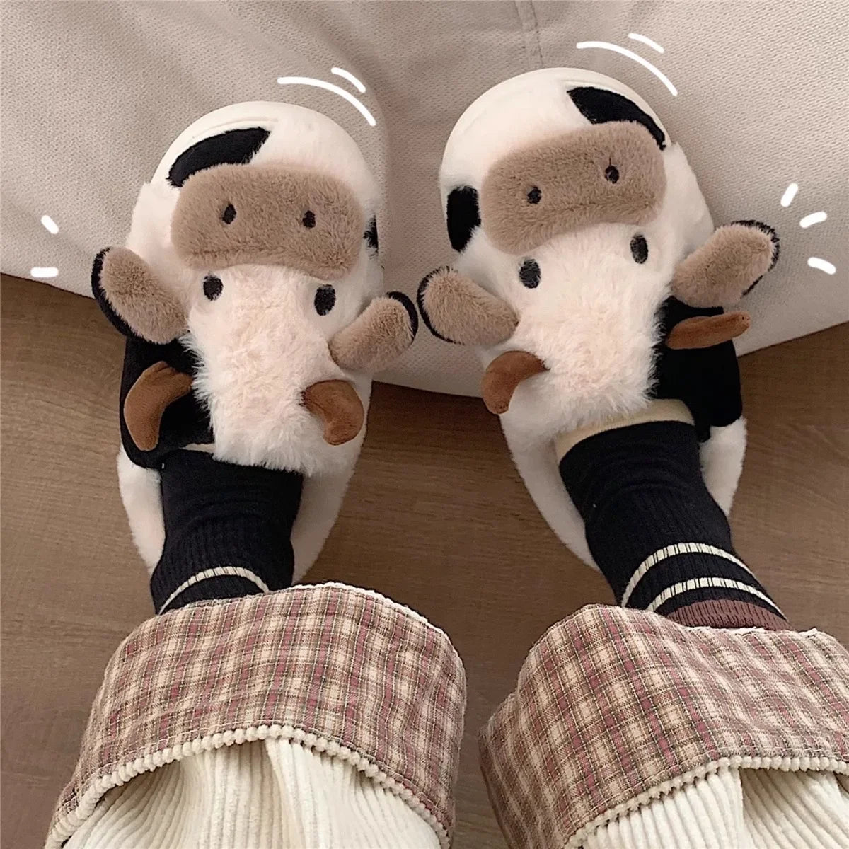 Ladies Winter Slippers Cute Cartoon Heart Animal Cow Fur Warm Anti Slip Indoor