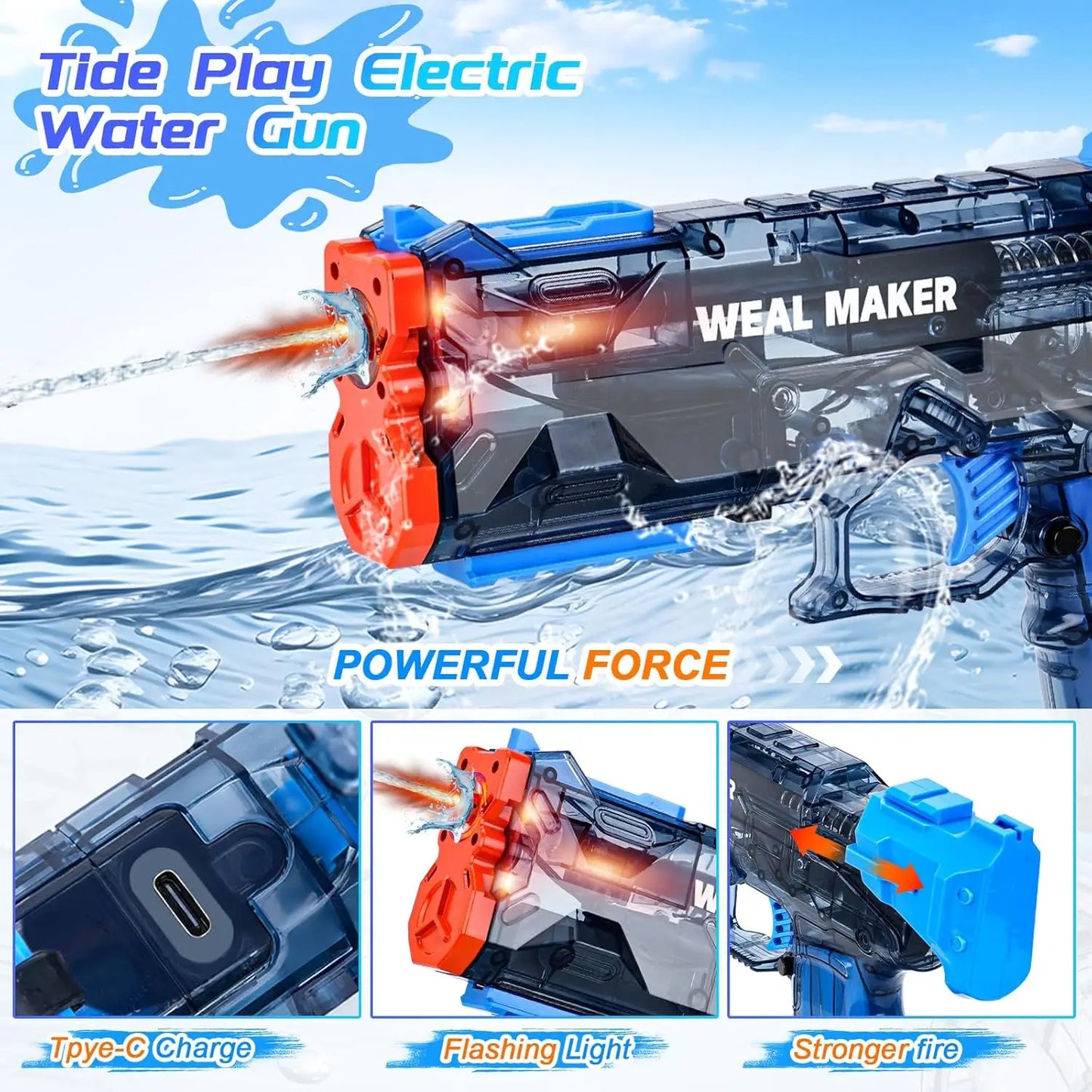 3 Pack LED Water Guns USB C Charging Auto Squirt Up To 30 Ft Outdoor Summer Toys
