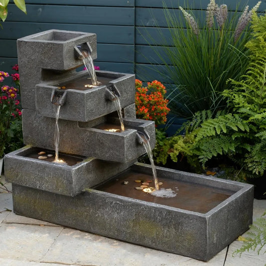 Tiered Outdoor Water Fountain For Garden And Indoor Use Freestanding Cascade Resin Concrete Modern Style With LED