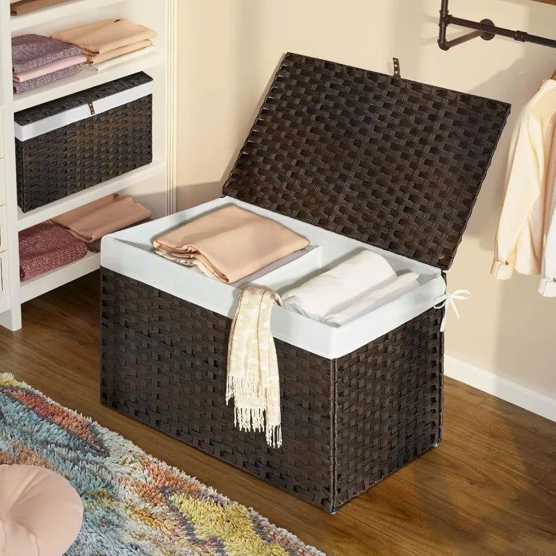 Wicker Storage Basket with Lid 160L Handwoven Blanket Bin