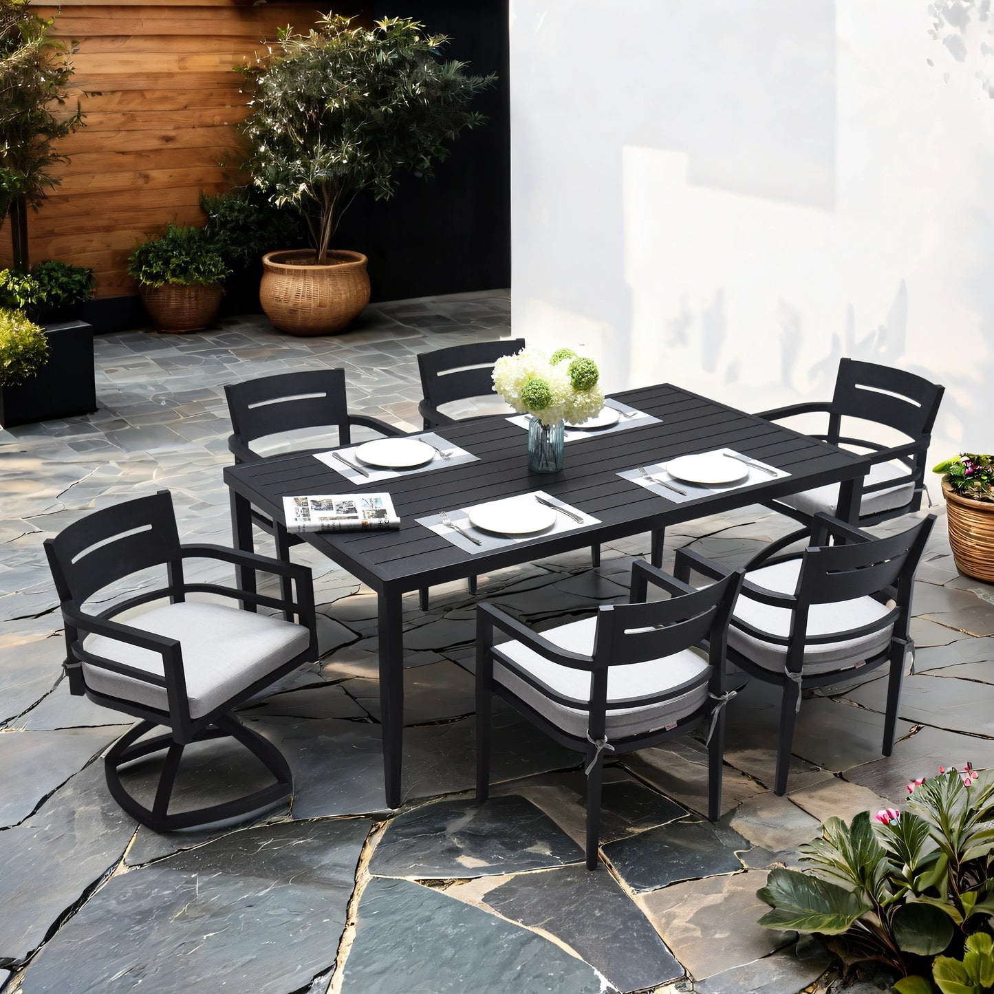 7 Piece Outdoor Patio Aluminum Dining Set With 4 Chairs 2 Rockers Sunbrella