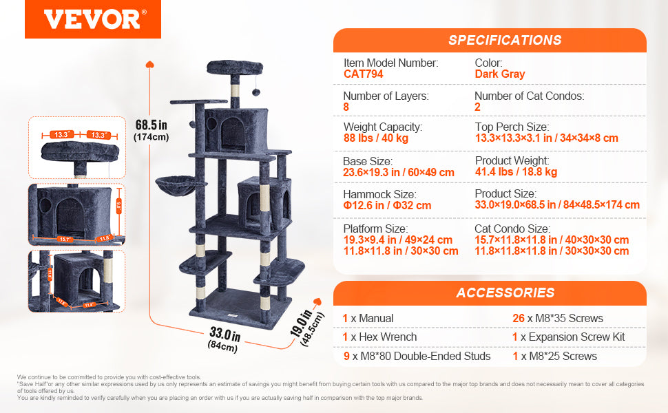 SucceBuy Dark Grey Cat Tree With Condo And Sisal Post