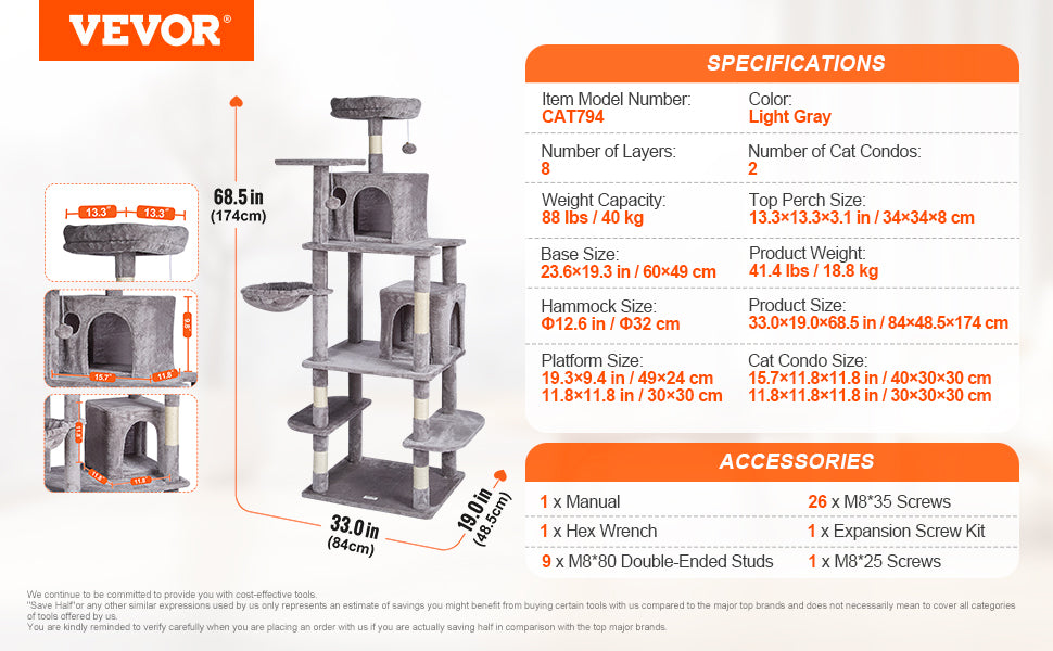 SucceBuy Dark Grey Cat Tree With Condo And Sisal Post