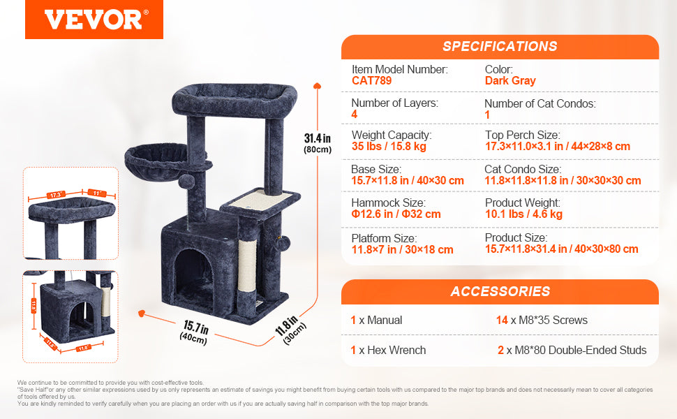 SucceBuy Dark Grey Cat Tree With Condo And Sisal Post