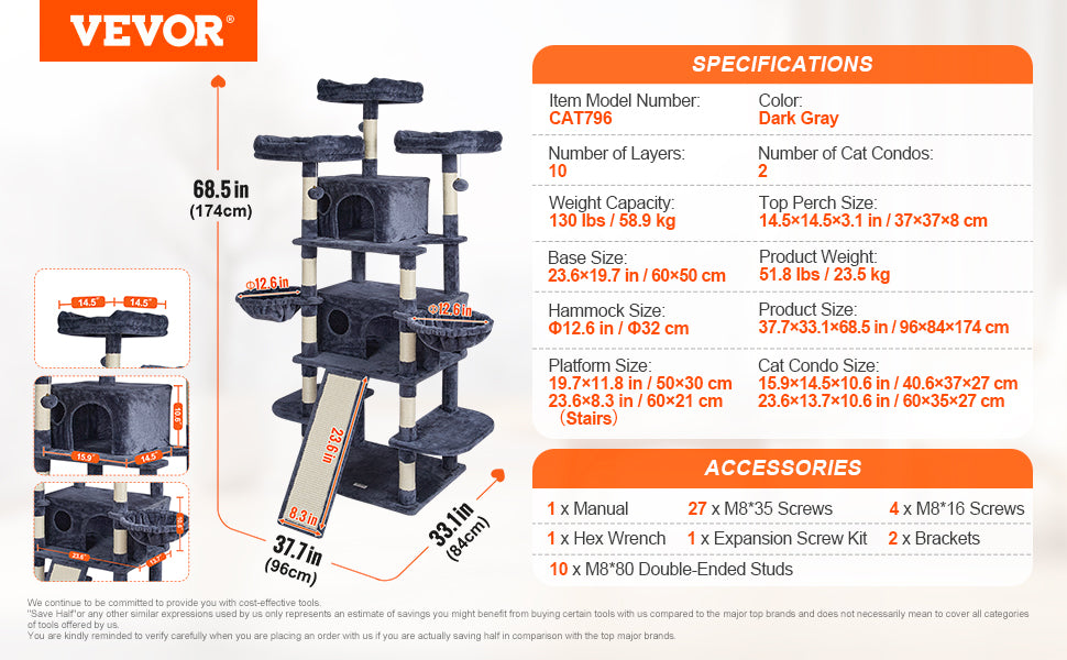 SucceBuy Dark Grey Cat Tree With Condo And Sisal Post