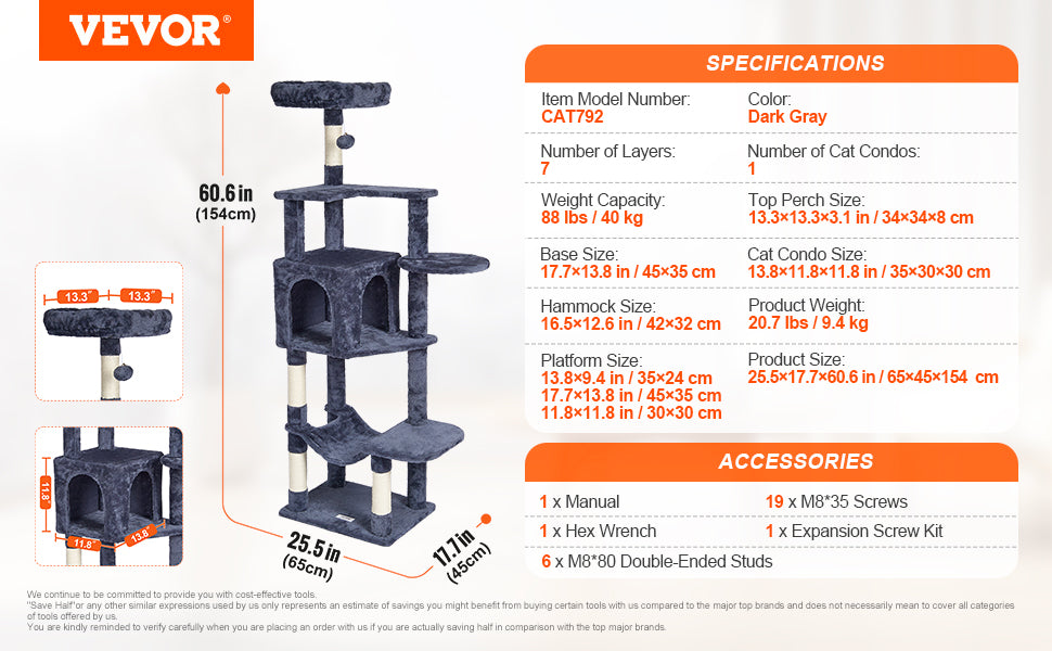 SucceBuy Dark Grey Cat Tree With Condo And Sisal Post