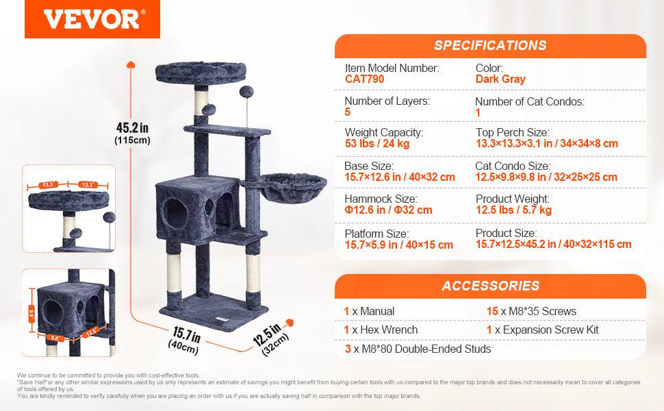 SucceBuy Dark Grey Cat Tree With Condo And Sisal Post