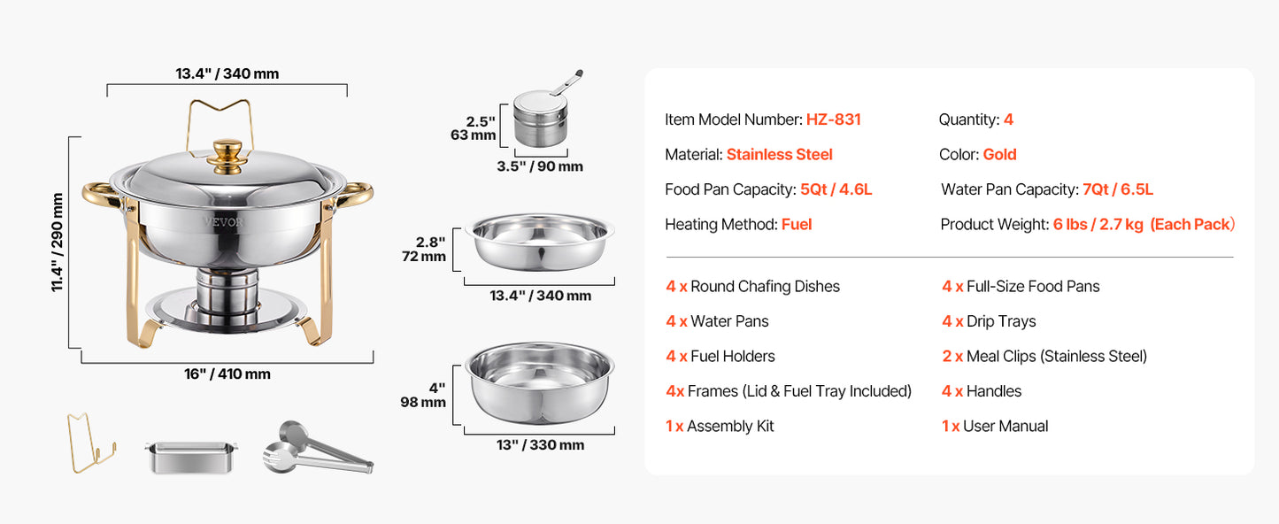 VEVOR 4 Pack Stainless Steel Chafing Dish Buffet Set with 4 Full Size Pan Round Catering Warmers for Party Banquets