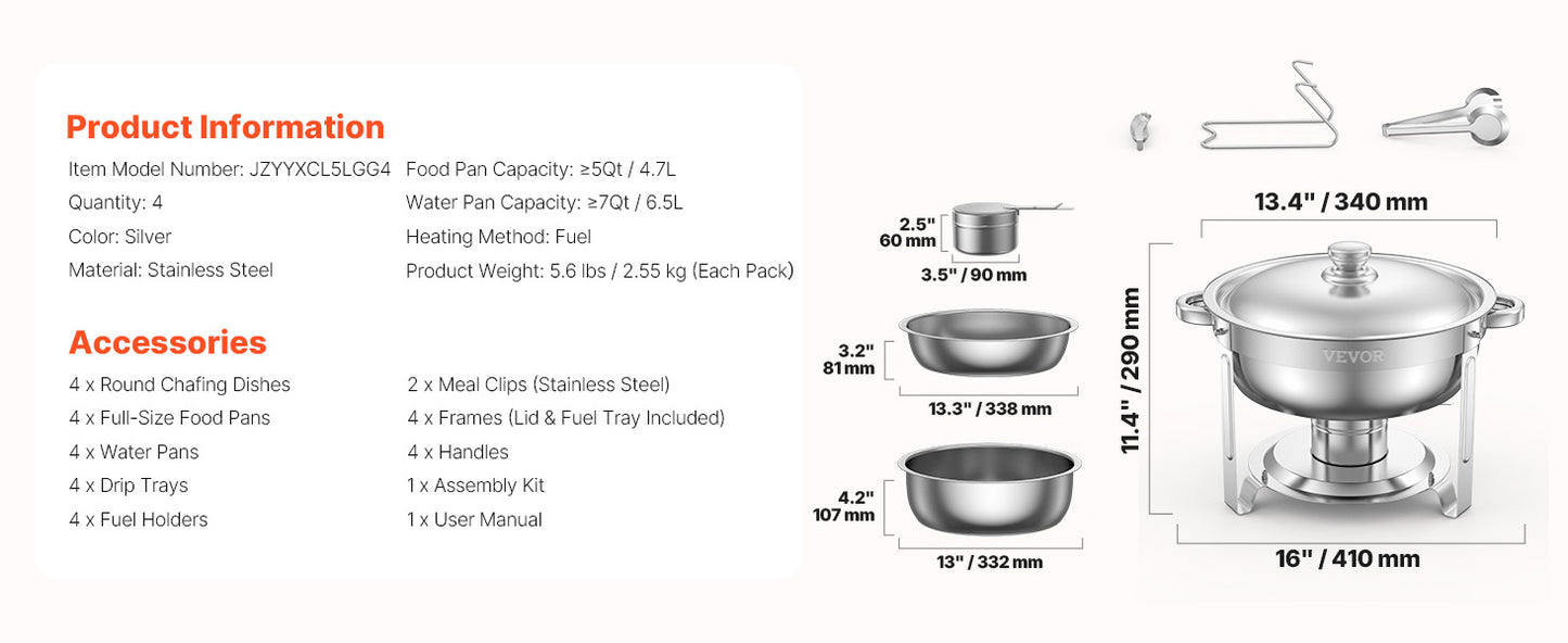 VEVOR 4 Pack Stainless Steel Chafing Dish Buffet Set with 4 Full Size Pan Round Catering Warmers for Party Banquets