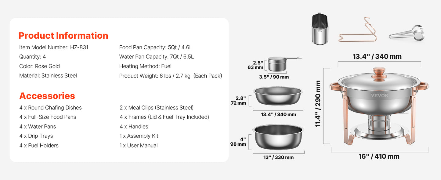 VEVOR 4 Pack Stainless Steel Chafing Dish Buffet Set with 4 Full Size Pan Round Catering Warmers for Party Banquets