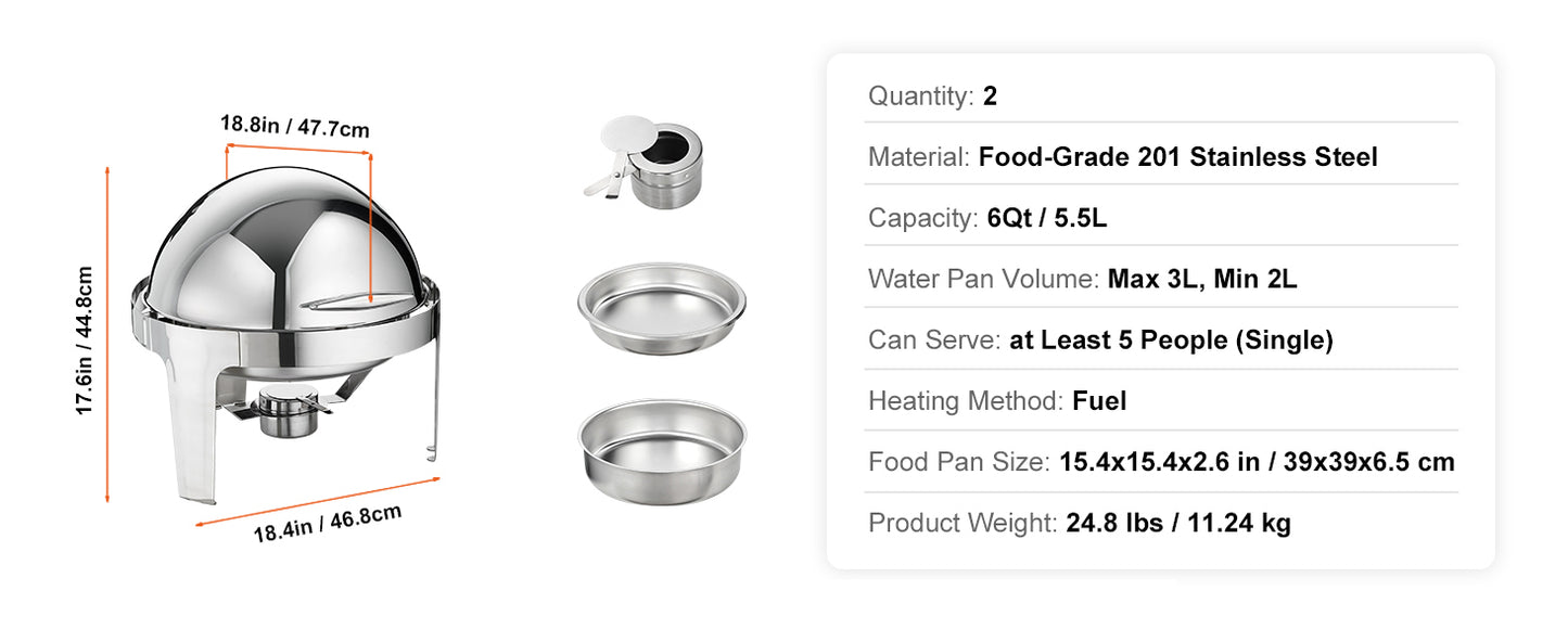 SucceBuy Roll Top Chafing Dish Buffet Set 6 Qt 2 Pack Stainless Steel Chafer with 2 Full Size Pans Round Catering Warmer Server