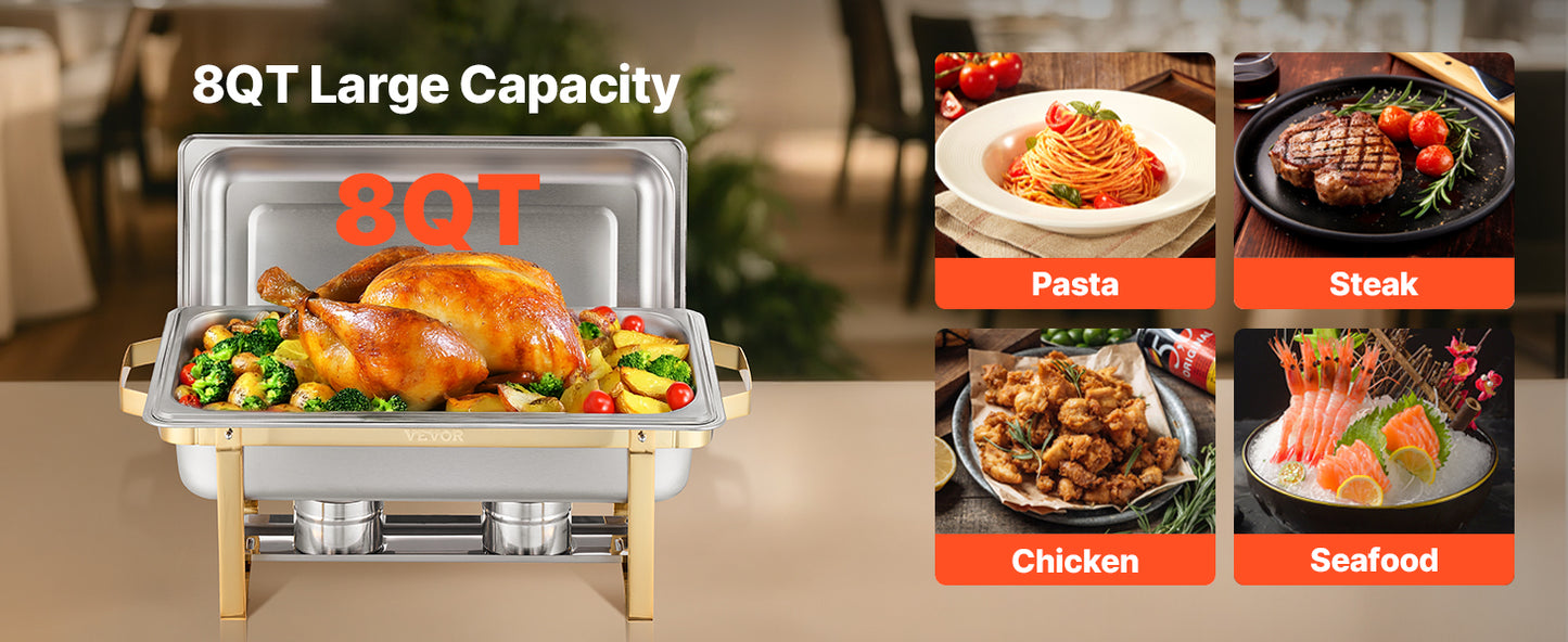 SucceBuy 8 Quart 4 Pack Chafing Dish Buffet Set Stainless Steel Chafer with 2 Full Size and 4 Half Size Pans Catering Warmer Server