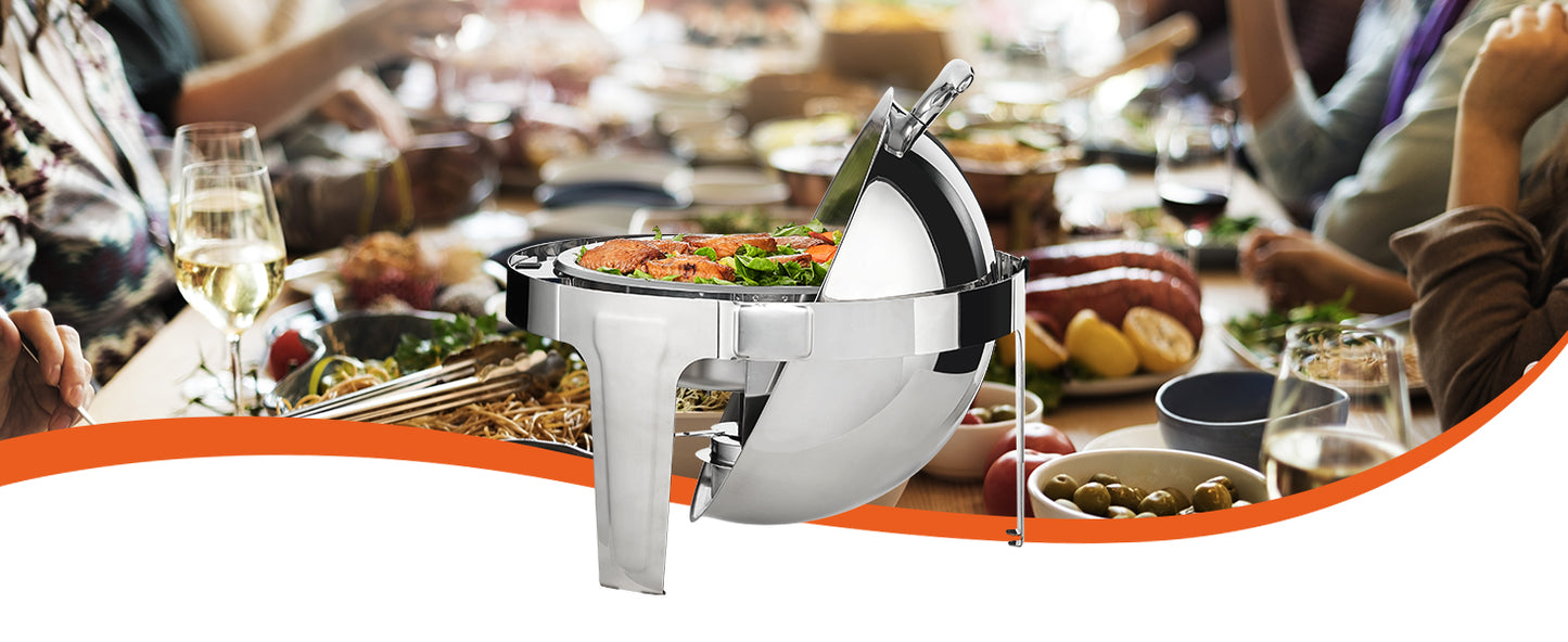 SucceBuy Roll Top Chafing Dish Buffet Set 6 Qt 2 Pack Stainless Steel Chafer with 2 Full Size Pans Round Catering Warmer Server