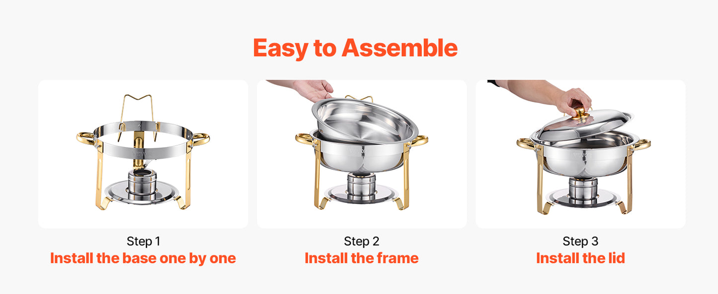 VEVOR 4 Pack Stainless Steel Chafing Dish Buffet Set with 4 Full Size Pan Round Catering Warmers for Party Banquets