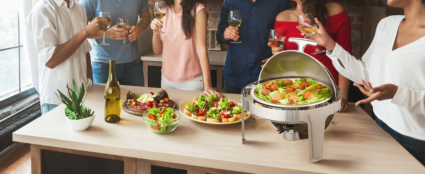 SucceBuy Roll Top Chafing Dish Buffet Set 6 Qt 2 Pack Stainless Steel Chafer with 2 Full Size Pans Round Catering Warmer Server