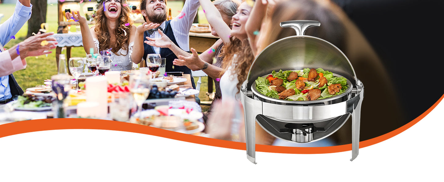 SucceBuy Roll Top Chafing Dish Buffet Set 6 Qt 2 Pack Stainless Steel Chafer with 2 Full Size Pans Round Catering Warmer Server