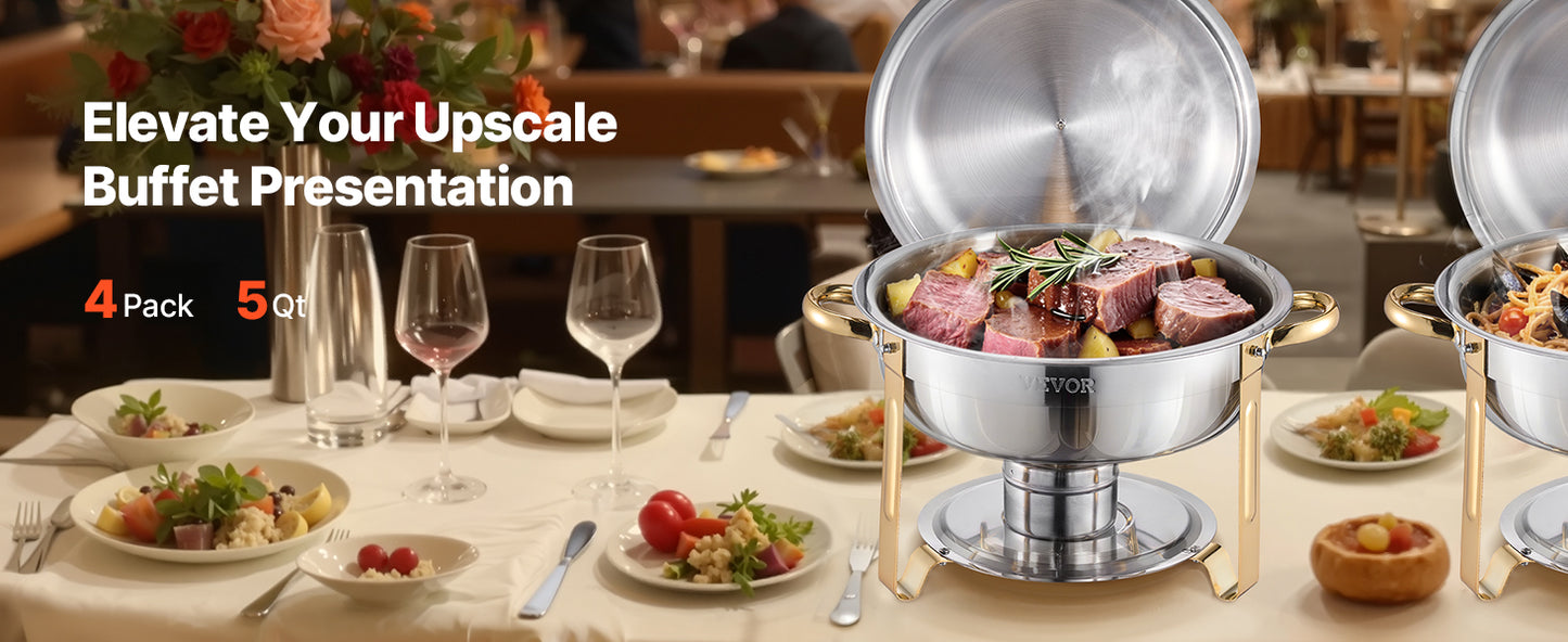 VEVOR 4 Pack Stainless Steel Chafing Dish Buffet Set with 4 Full Size Pan Round Catering Warmers for Party Banquets