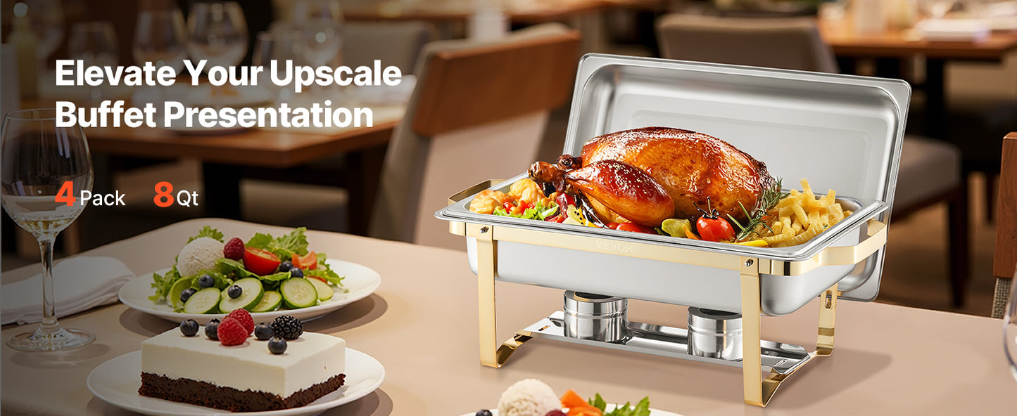 SucceBuy 8 Quart 4 Pack Chafing Dish Buffet Set Stainless Steel Chafer with 2 Full Size and 4 Half Size Pans Catering Warmer Server