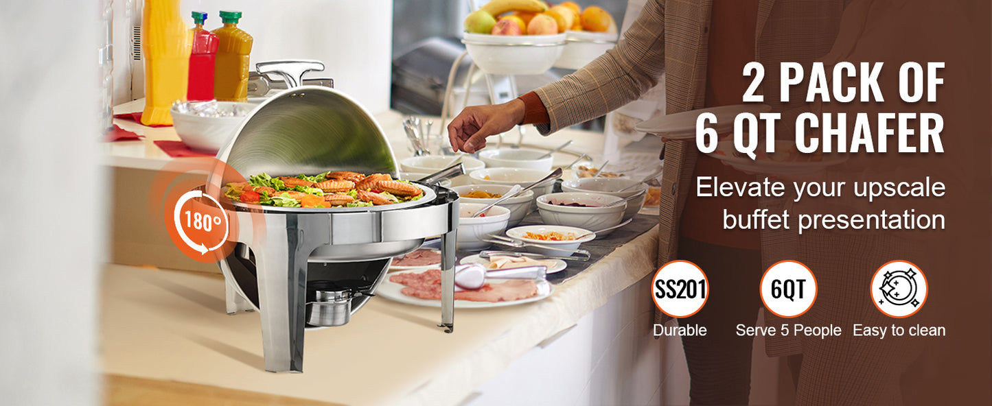 SucceBuy Roll Top Chafing Dish Buffet Set 6 Qt 2 Pack Stainless Steel Chafer with 2 Full Size Pans Round Catering Warmer Server
