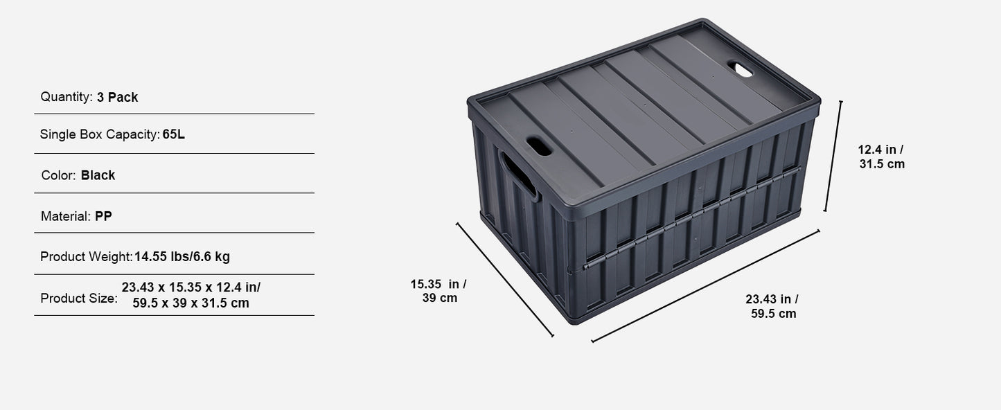 Set Of 3 Collapsible Storage Bins 45L 65L Stackable With Lids For Garage