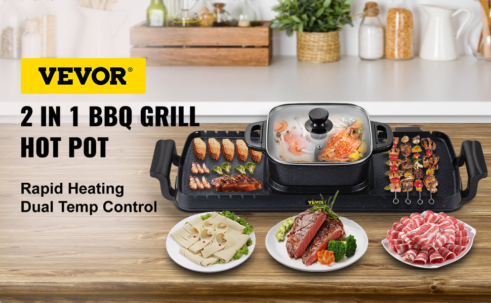 VEVOR 2 in 1 Electric BBQ Pan Grill Hot Pot 2400W Multifunction Home Portable Smokeless Nonstick Detachable Barbecue Plate