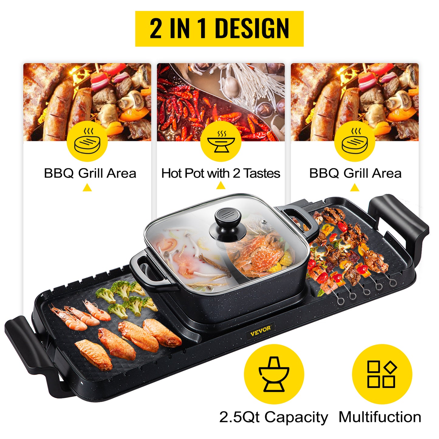 VEVOR 2 in 1 Electric BBQ Pan Grill Hot Pot 2400W Multifunction Home Portable Smokeless Nonstick Detachable Barbecue Plate