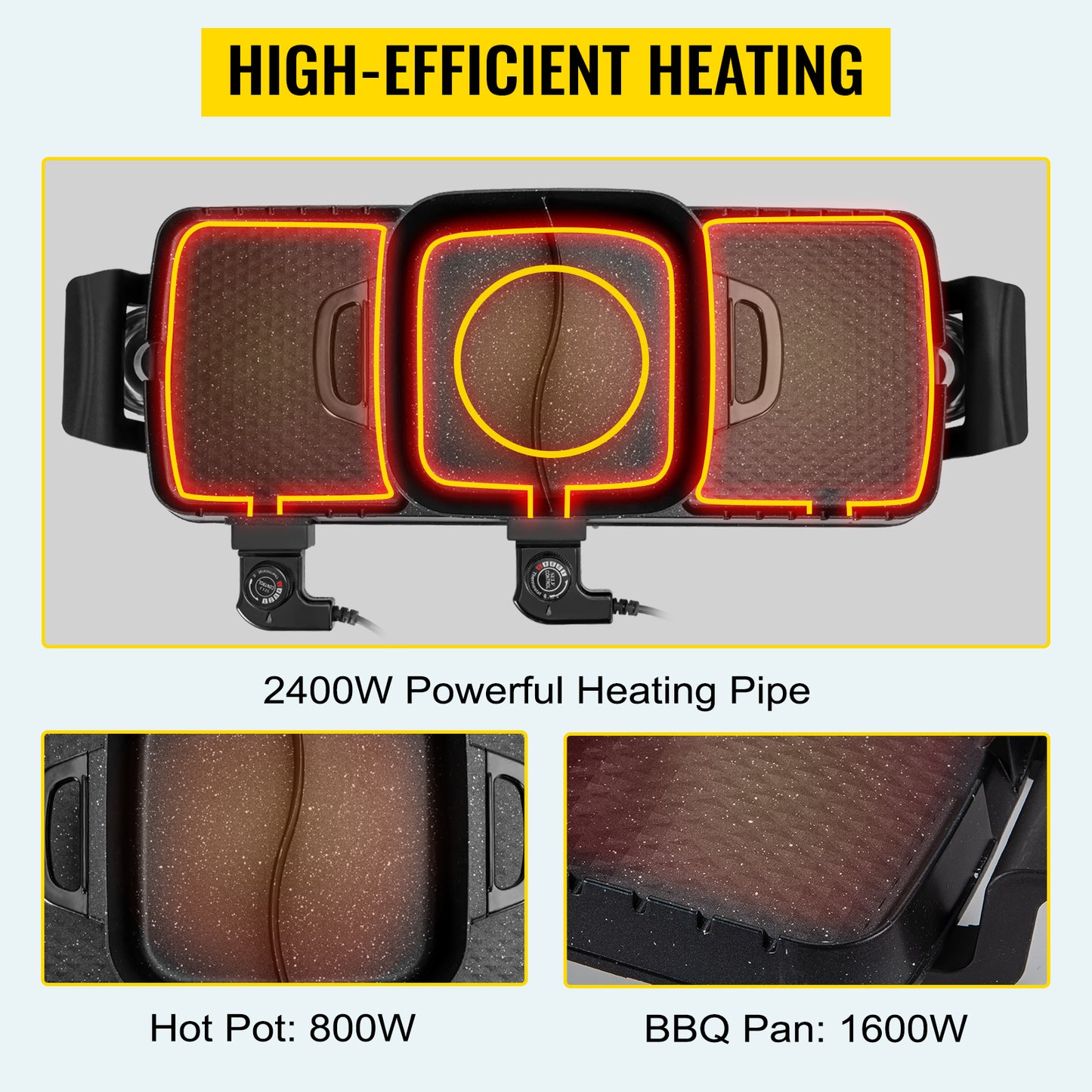 VEVOR 2 in 1 Electric BBQ Pan Grill Hot Pot 2400W Multifunction Home Portable Smokeless Nonstick Detachable Barbecue Plate