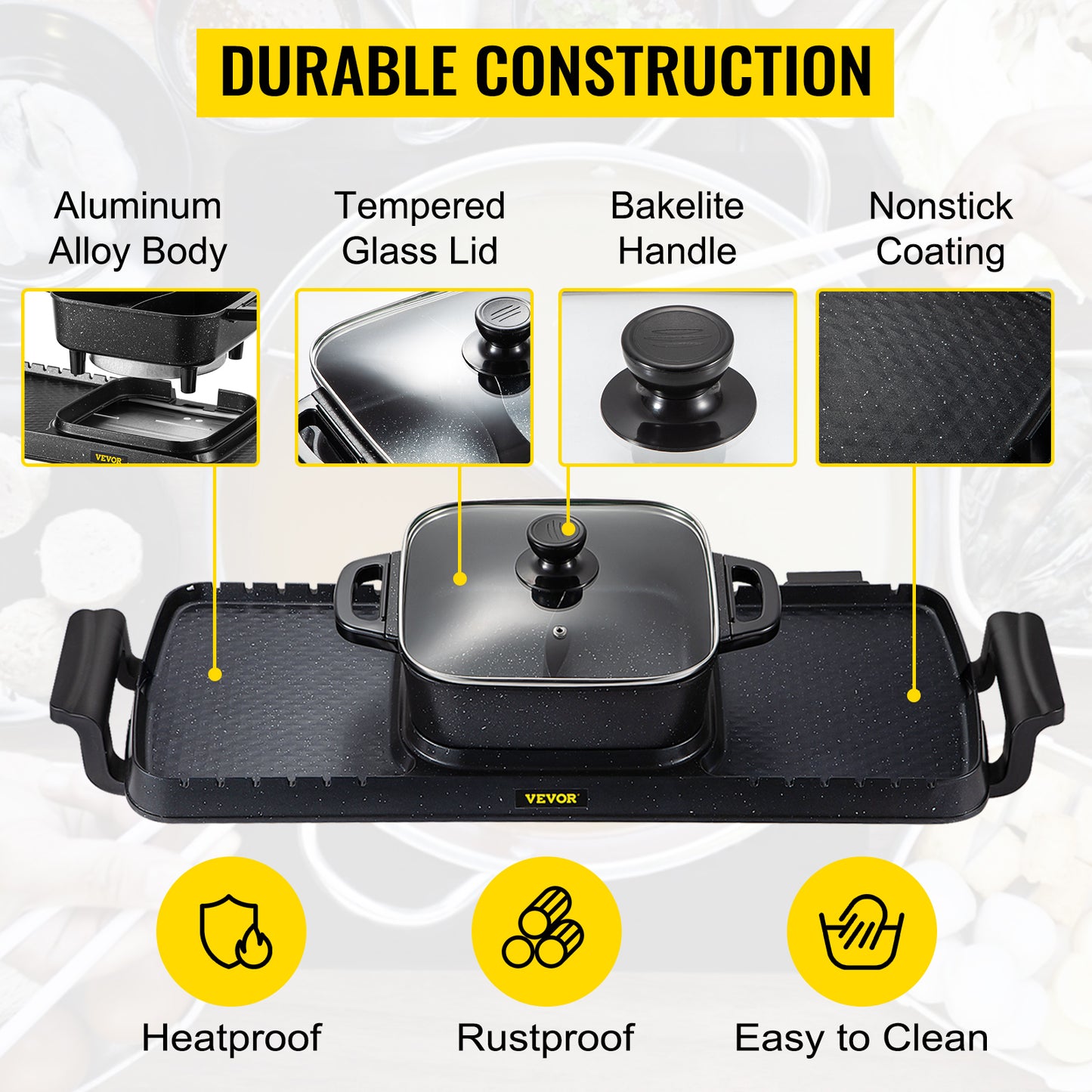 VEVOR 2 in 1 Electric BBQ Pan Grill Hot Pot 2400W Multifunction Home Portable Smokeless Nonstick Detachable Barbecue Plate
